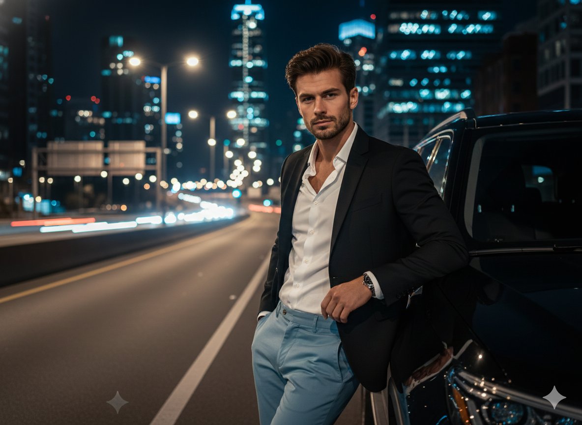 Cinematic Night Urban Portrait with Luxury SUV