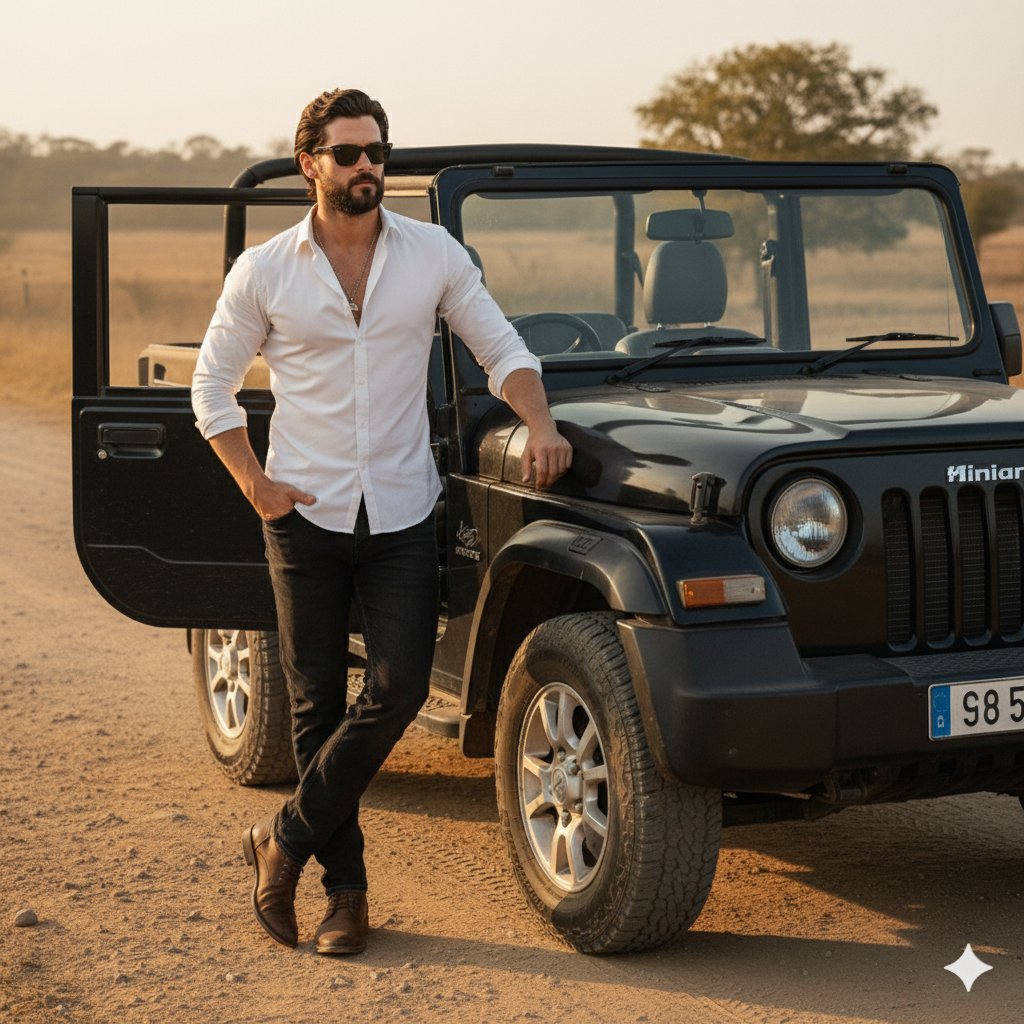 Cinematic Jeep Driver Portrait Prompt with Face Match
