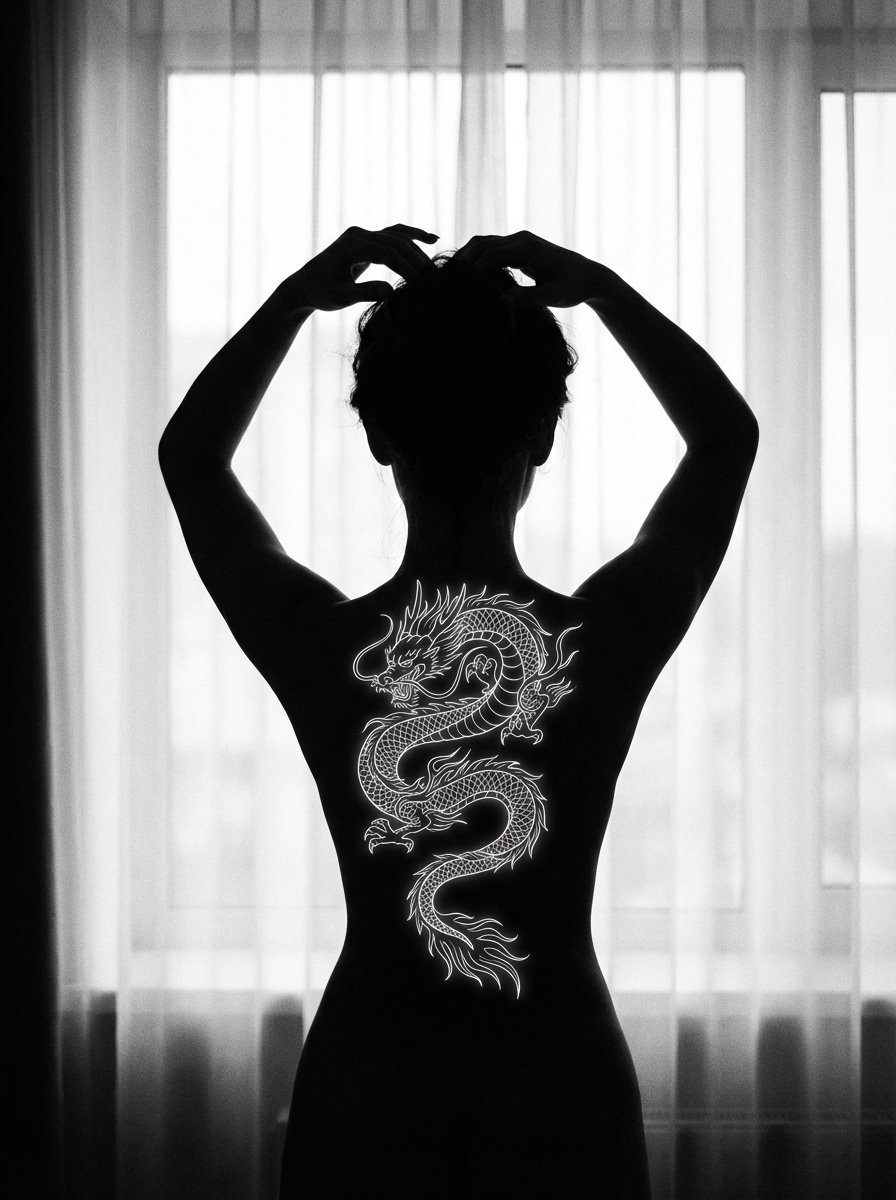 Fine-Art Silhouette with Glowing Dragon Tattoo