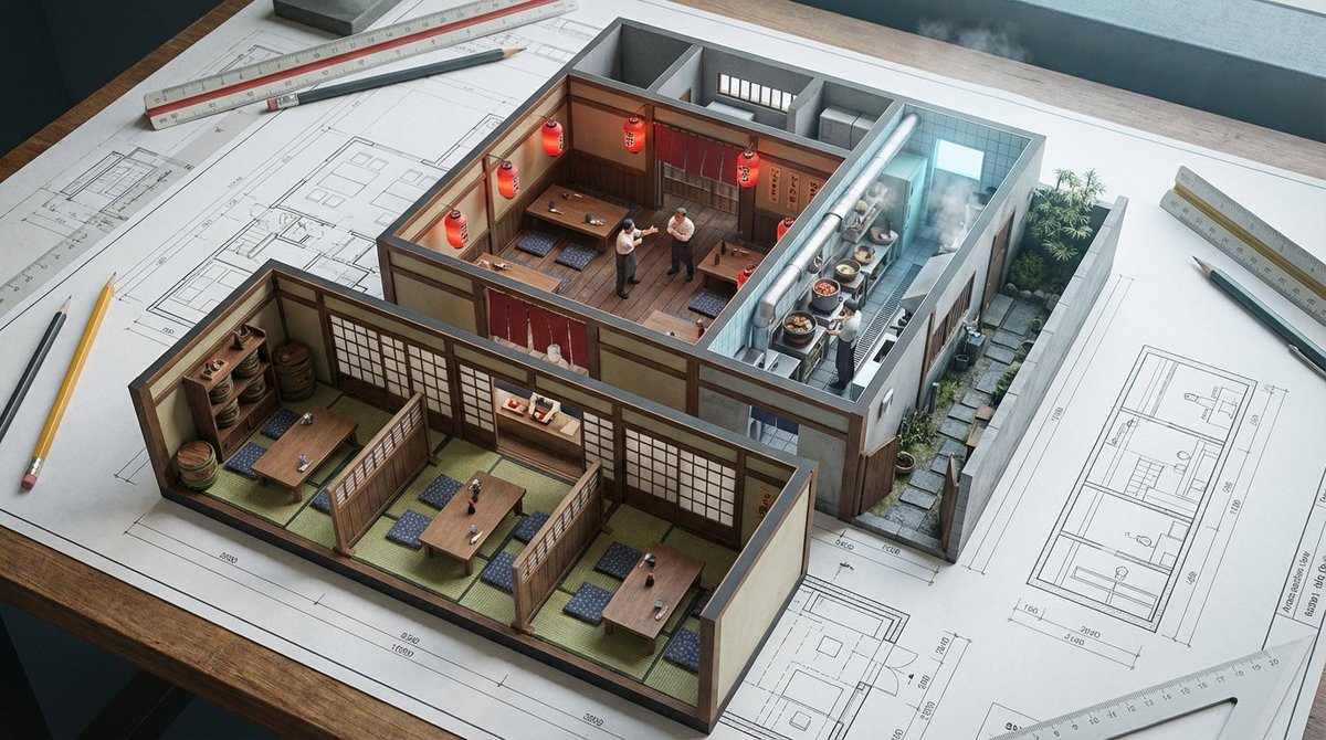 Architectural Blueprint to Miniature Japanese Inn Scene 2