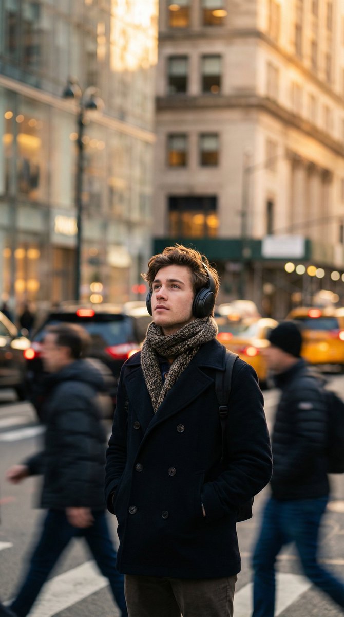 Introspective Man in Motion-Blurred City Crowd 4