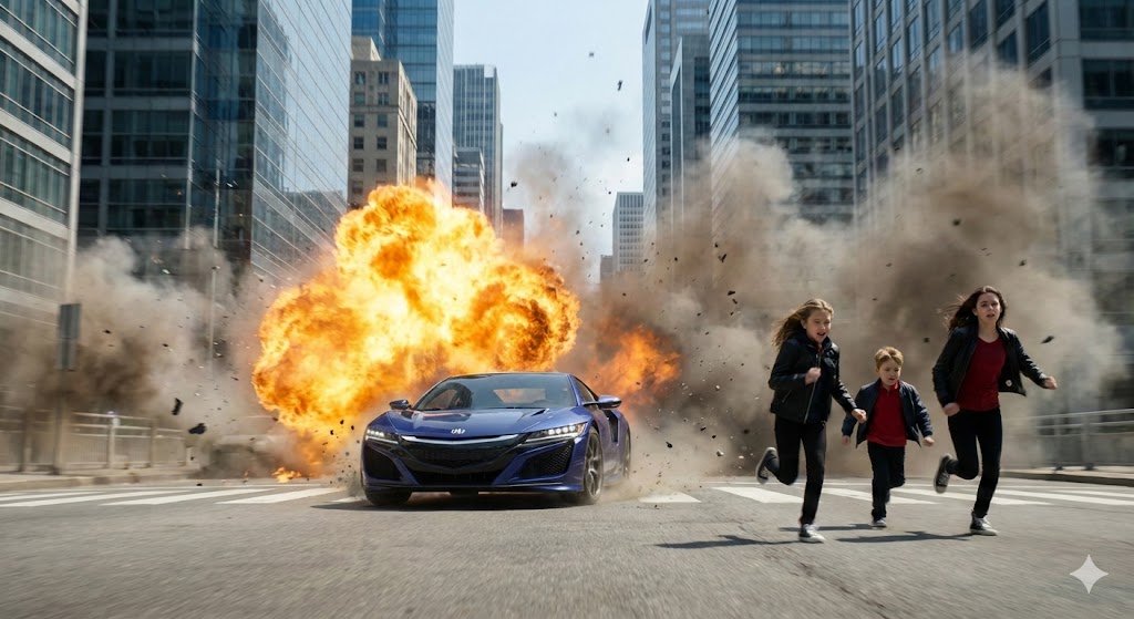 Cinematic Action Scene: Explosion Behind High-Speed Car