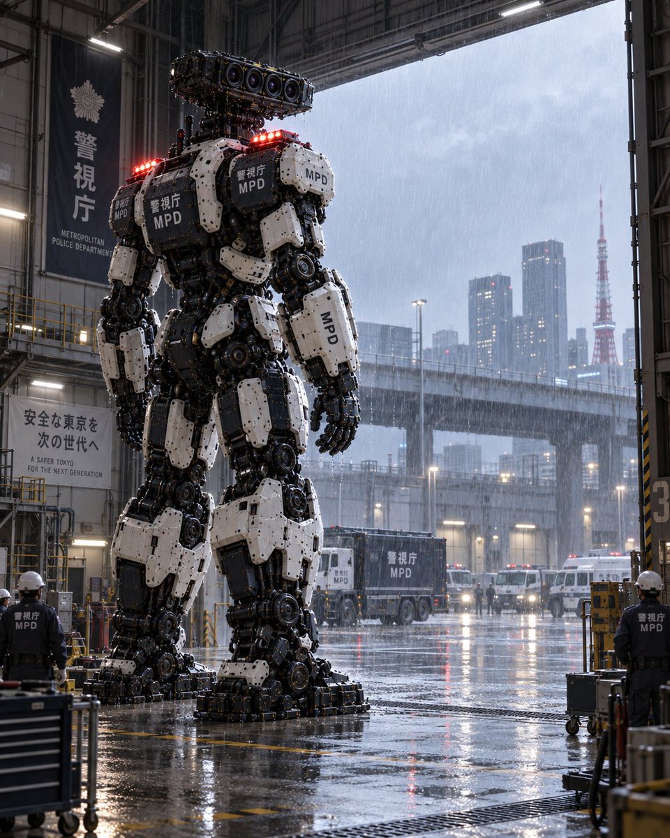 YouTube Thumbnail - Giant MPD Robot in Rainy Hangar