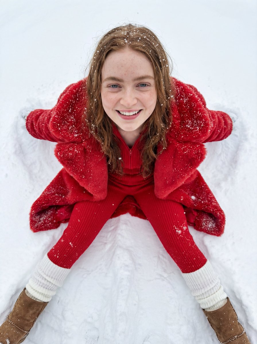 Sadie Sink Macro-Portrait in Snow JSON Prompt 2