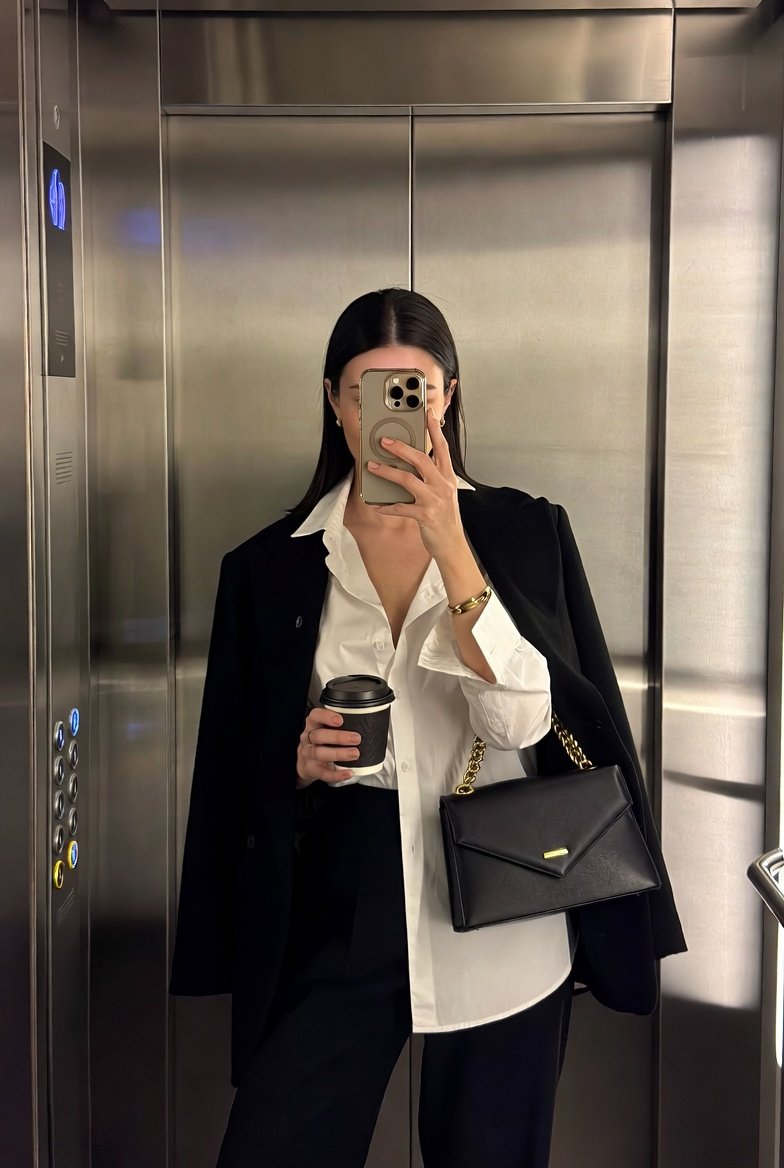 iPhone Mirror Selfie with Old Money Corporate Elegance Vibe