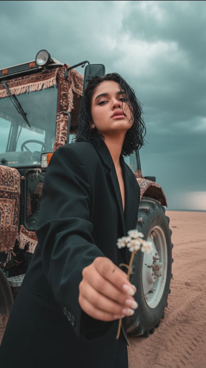 Cinematic Close-up of Man in Tractor Holding Wildflower