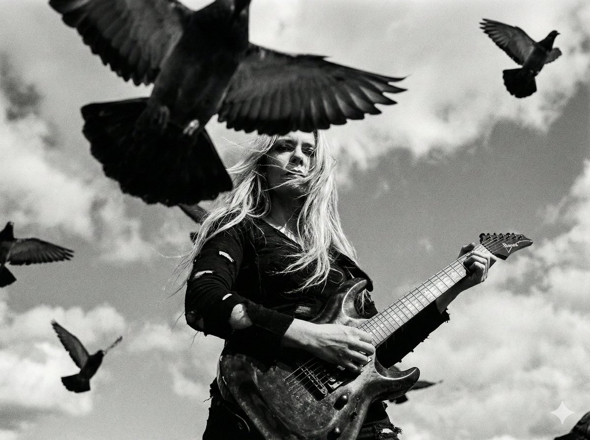 Cinematic Black and White Photo of Woman with Guitar and Pigeons 2