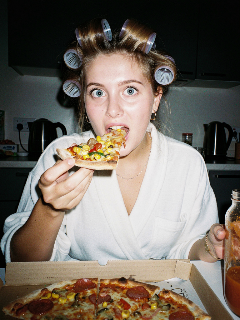 Ultra Photorealistic Candid Flash Portrait of a Woman Eating Pizza 2