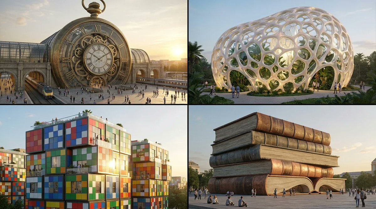 信息图 / 教育视觉图 - 物体转建筑提示词