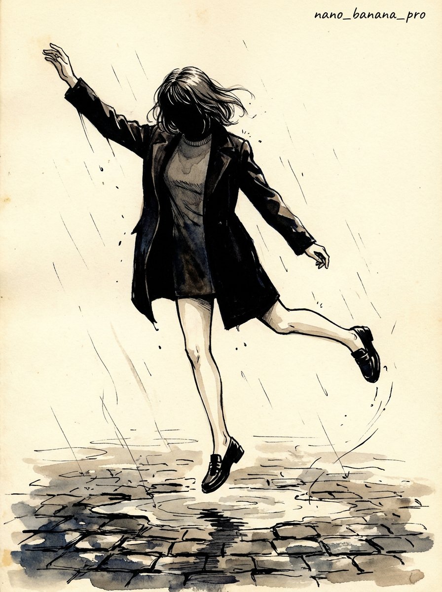 Ink pen style illustration of a woman jumping in the rain 3
