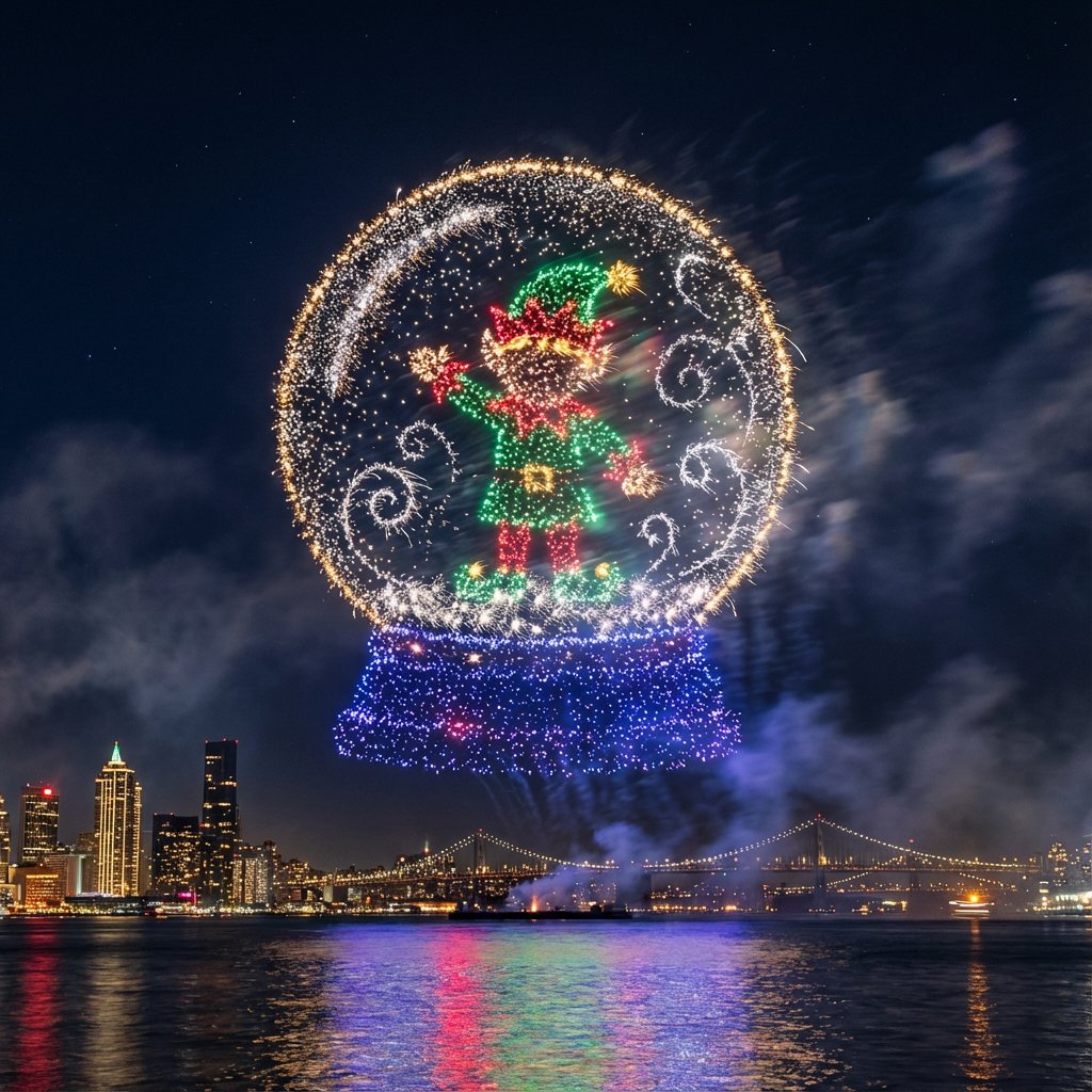Santa Claus Fireworks over City Skyline 3