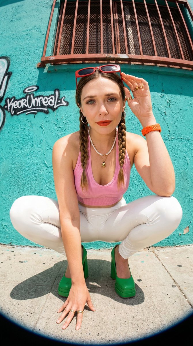 Photorealistic streetwear portrait of Emma Myers with fisheye distortion 3