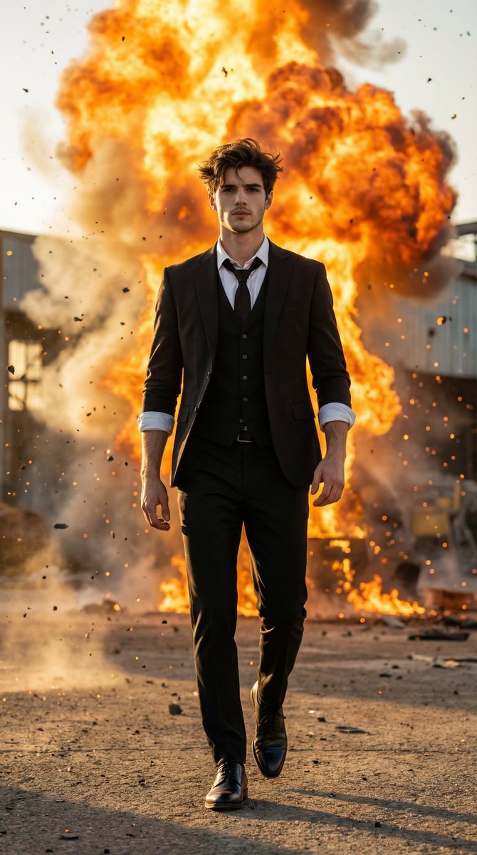 Action Hero Walking Away from Explosion Prompt (Image-to-Image)