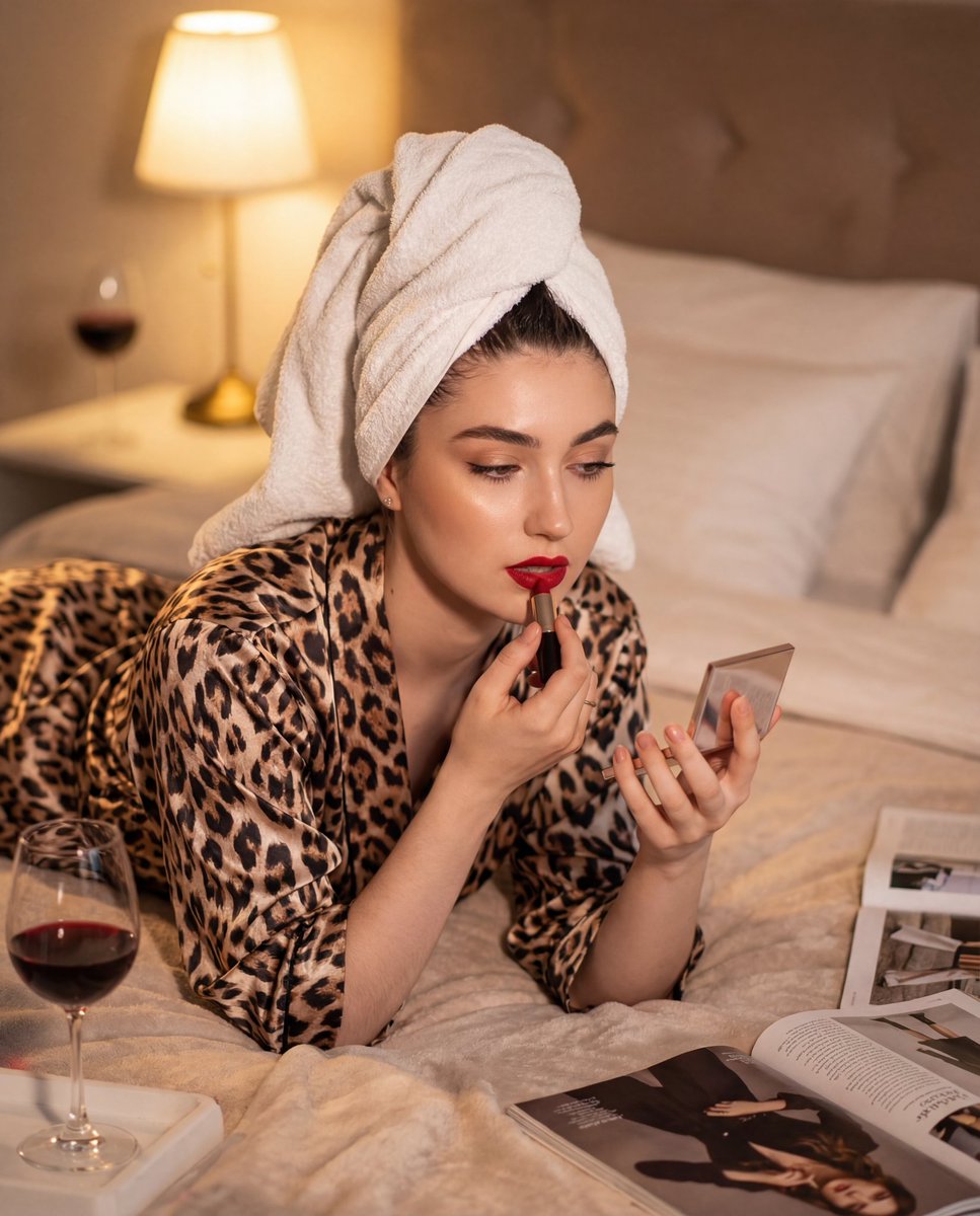 Cinematic Glamour Portrait Applying Lipstick