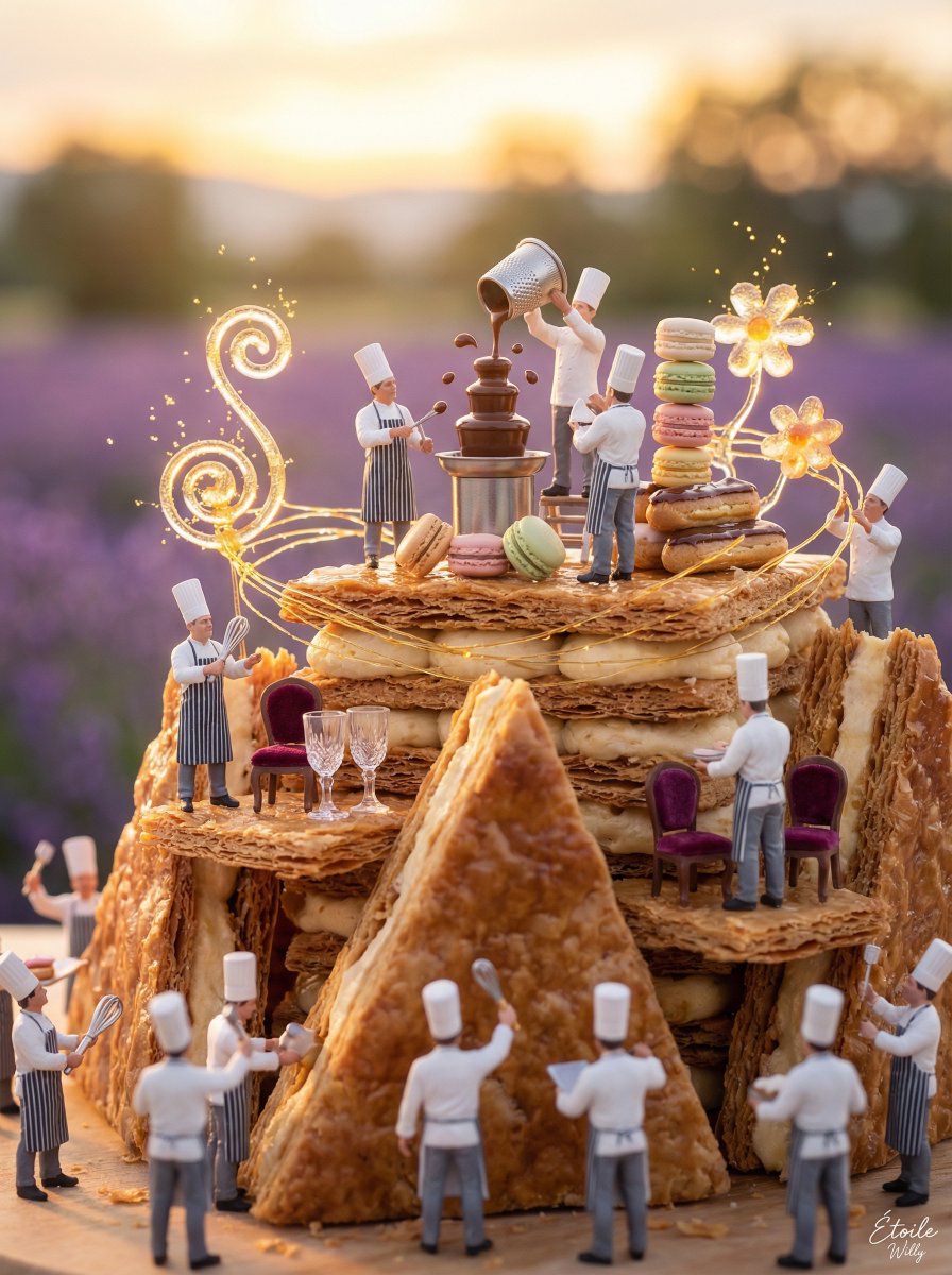 Micro Diorama of Chefs Building a French Patisserie