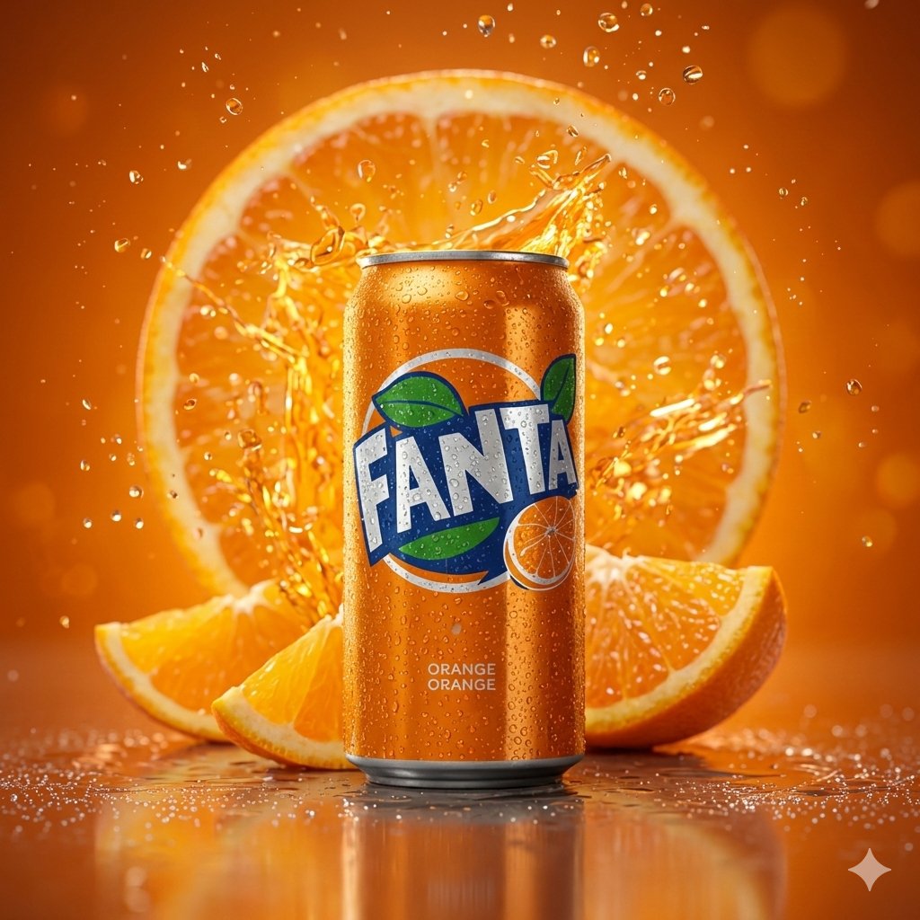 Hyper-realistic cinematic product shot of Fanta Orange can with exploding orange slices 2