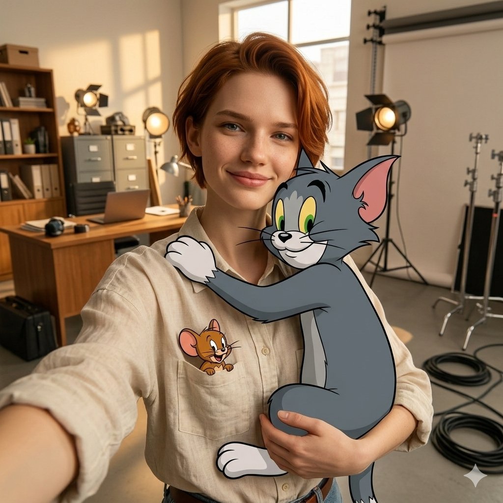First-Person Selfie Hugging Stylized Tom and Jerry