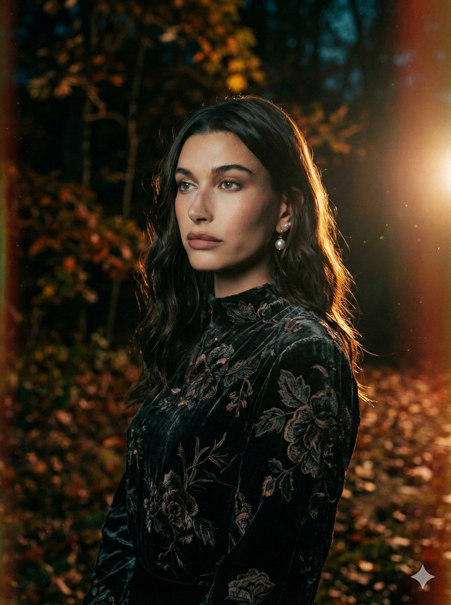 Cinematic Night Forest Editorial Portrait Prompt