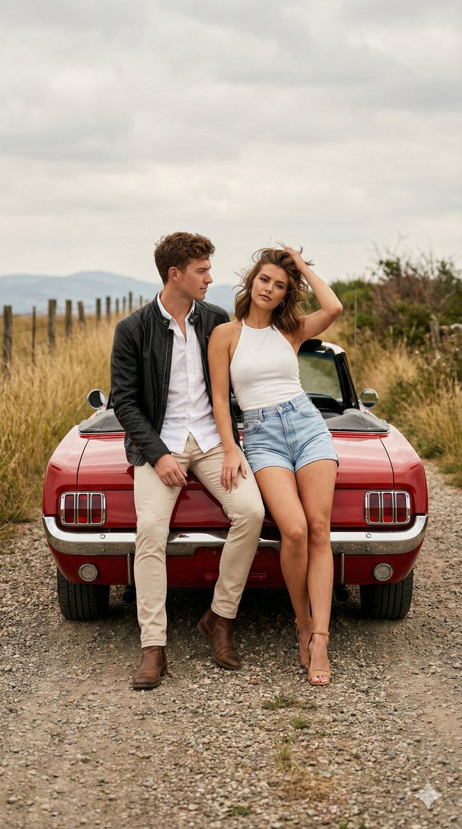 Vintage Couple on Red Classic Convertible in Countryside