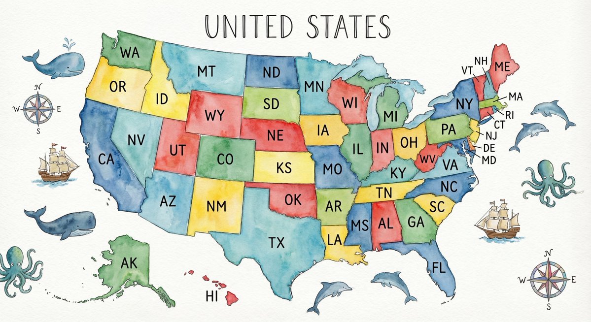 Watercolor US map with state abbreviations