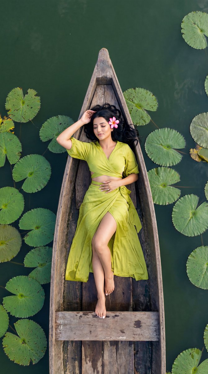 Photoreal Top-Down Fashion Editorial on a Boat with Lily Pads 2