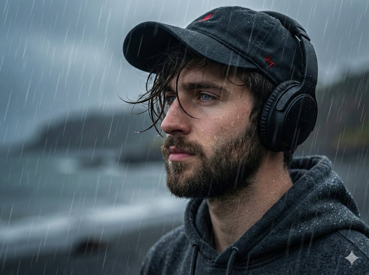 Melancholic Portrait in Coastal Rain
