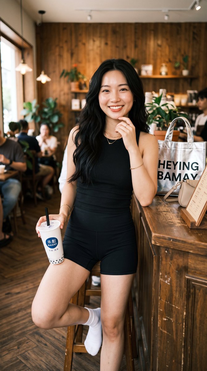 East Asian Woman Bubble Tea Cafe Portrait 4
