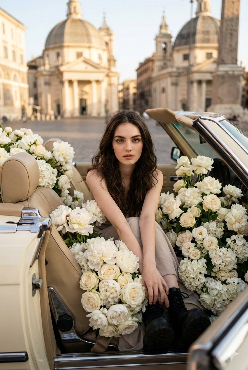 Vertical Fashion Photo with Vintage Car and Roses 2
