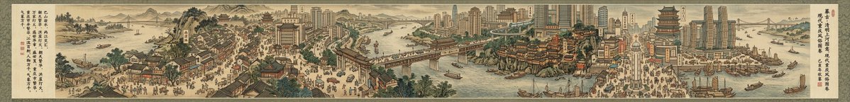 Panoramic Cityscape in Qingming Festival Scroll Style (8:1 Aspect Ratio) 4