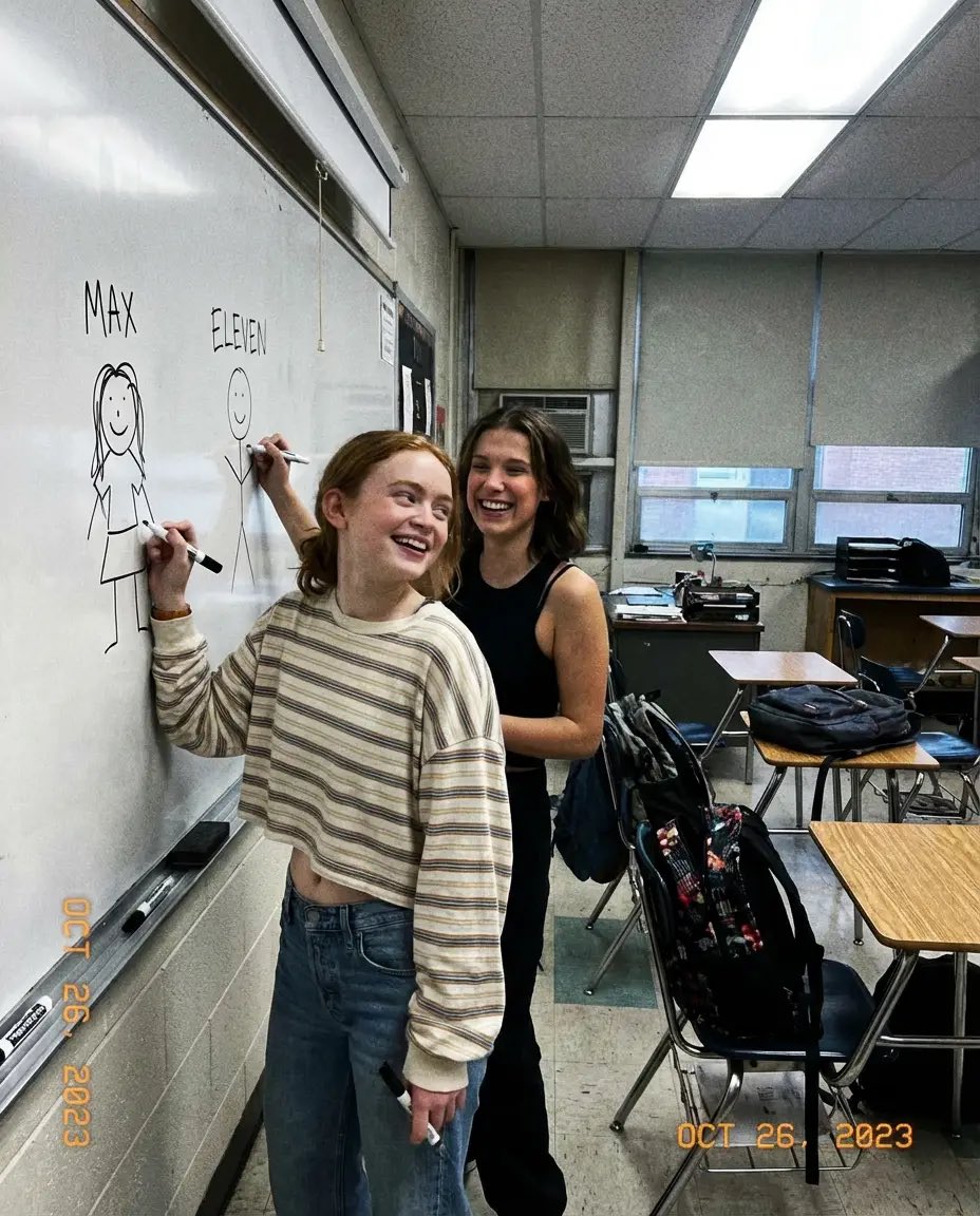 Low-Quality Candid Smartphone Photo of Sadie Sink and Millie Bobby Brown