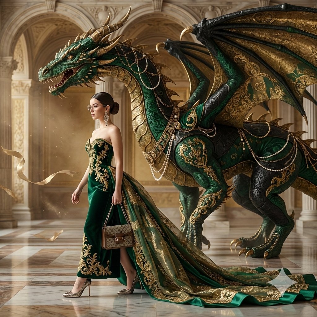 Couture Woman and Colossal Dragon in Renaissance Palace 2