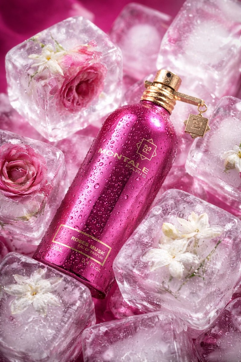 Luxury Product Photography of Perfume Bottle with Floating Flowers 2