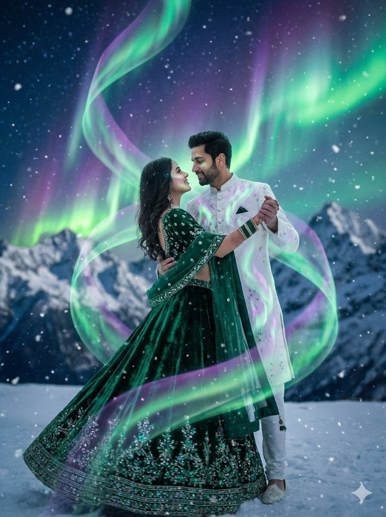 Dreamy Surreal Pre-Wedding Dance under Aurora Borealis