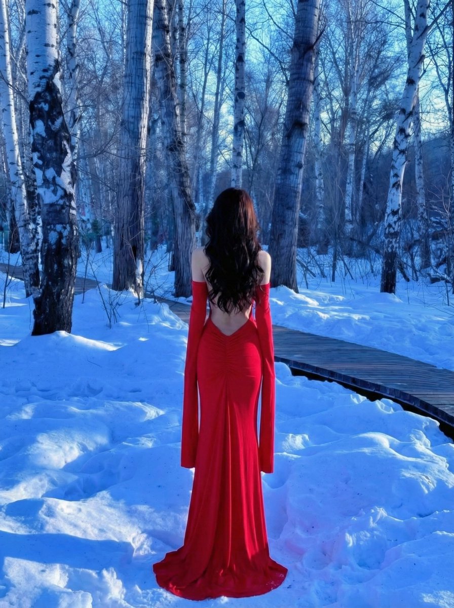 Dramatic Red Dress in Snowy Birch Forest 3