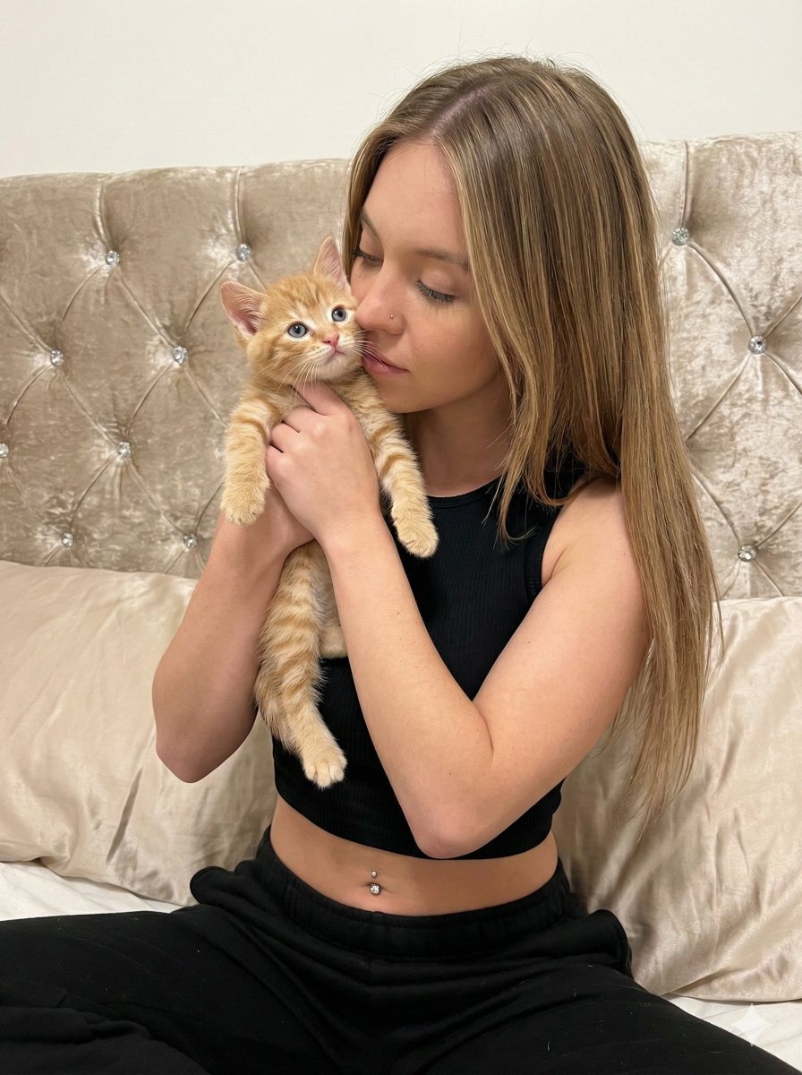Photorealistic Portrait of Sydney Sweeney with a Kitten