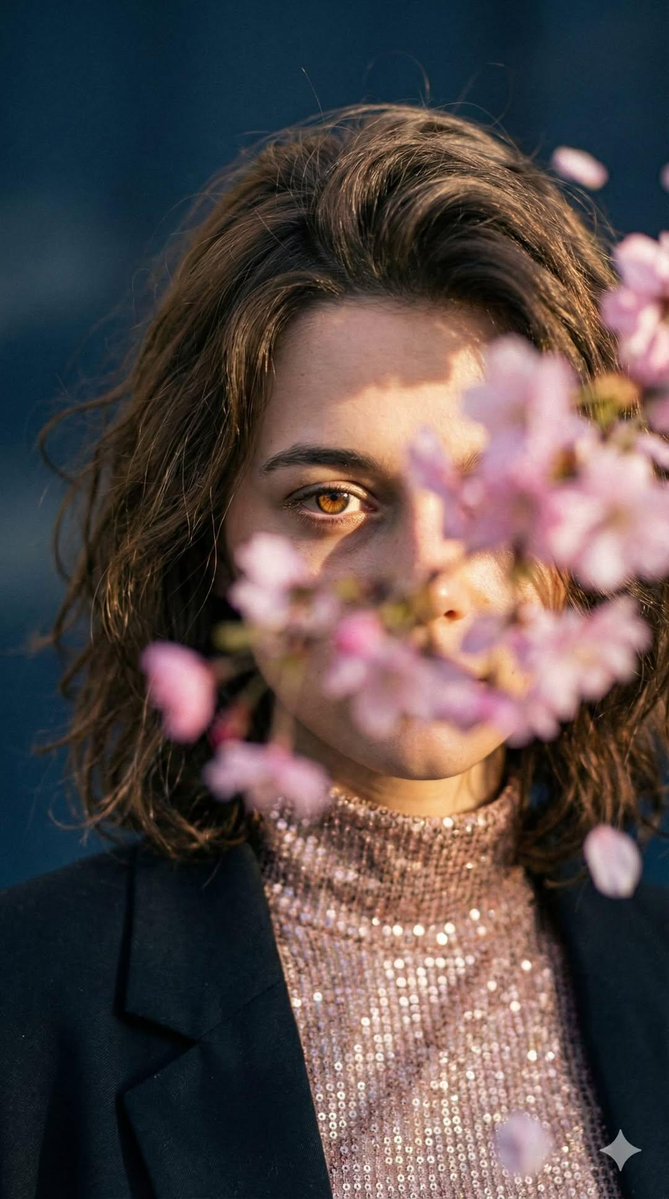 Poetic Cinematic Portrait with Pink Blossoms Prompt 2