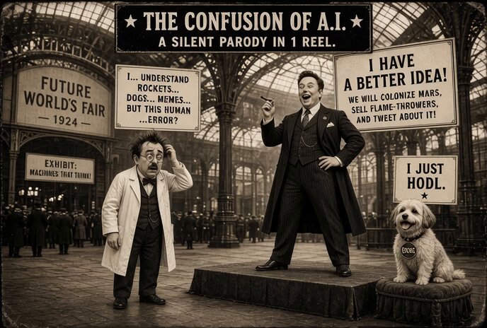 Grok Imagine Video Prompt: Elon Musk Silent Movie Parody