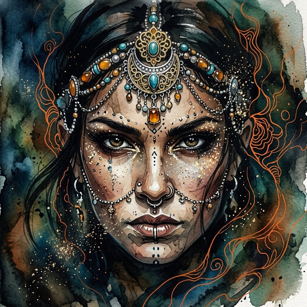 Ink wash and watercolor woman portrait 3