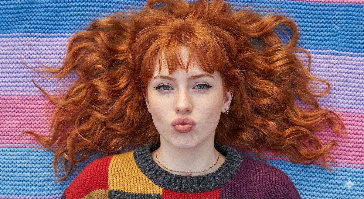Flat Lay Portrait of a Ginger Woman on a Rainbow Blanket 2