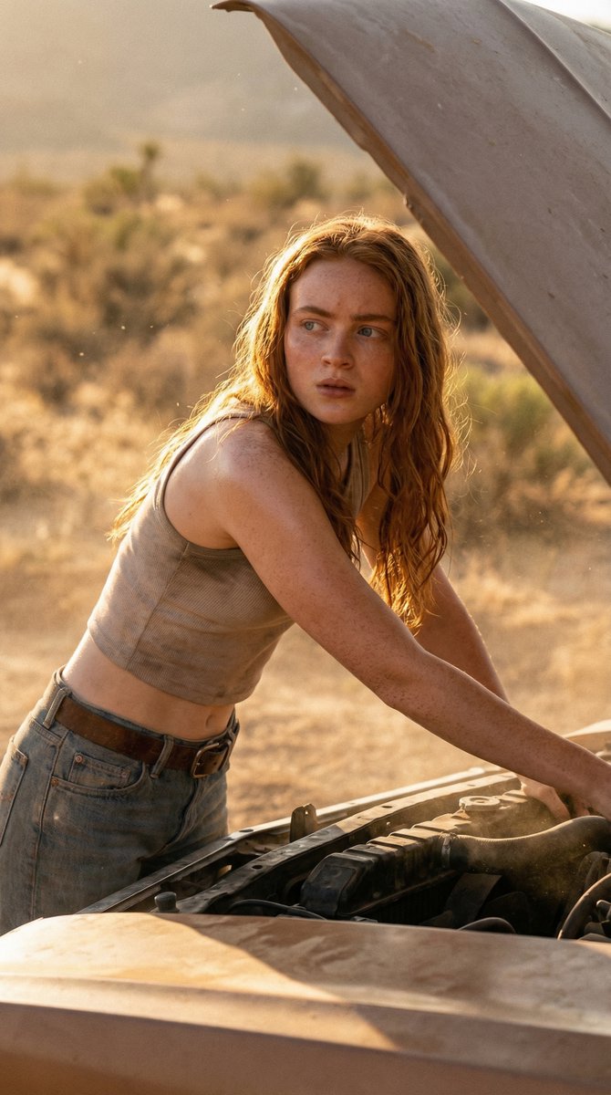 Cinematic Desert Portrait Leaning on Car Hood 3