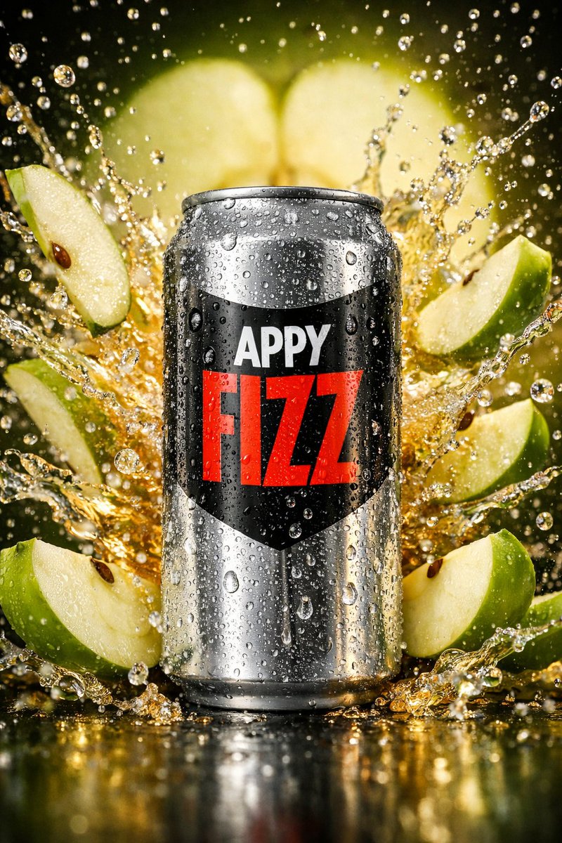 Hyper-realistic cinematic product shot of Appy Fizz can with exploding apple slices 3