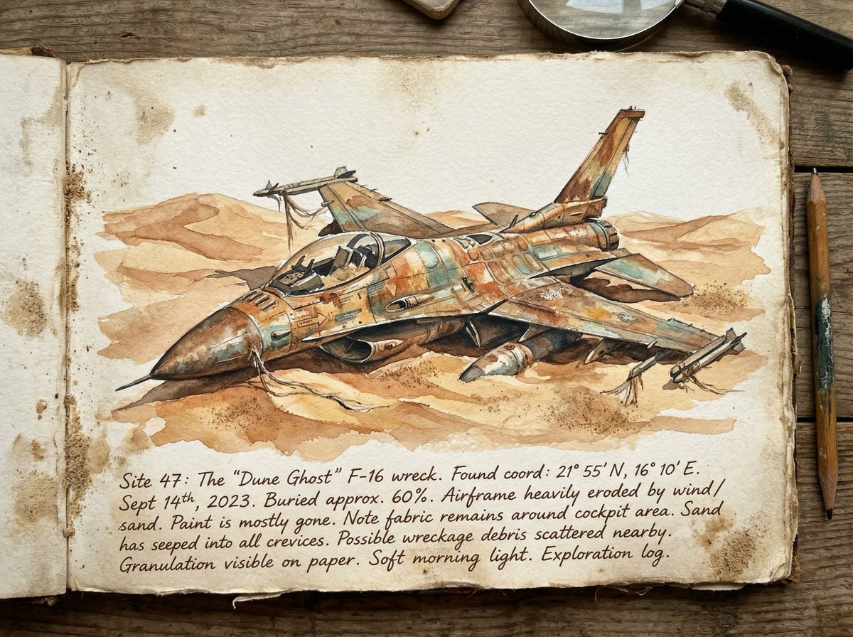 Loose Watercolor of a Half-Buried Fighter Jet in Desert Dunes 2