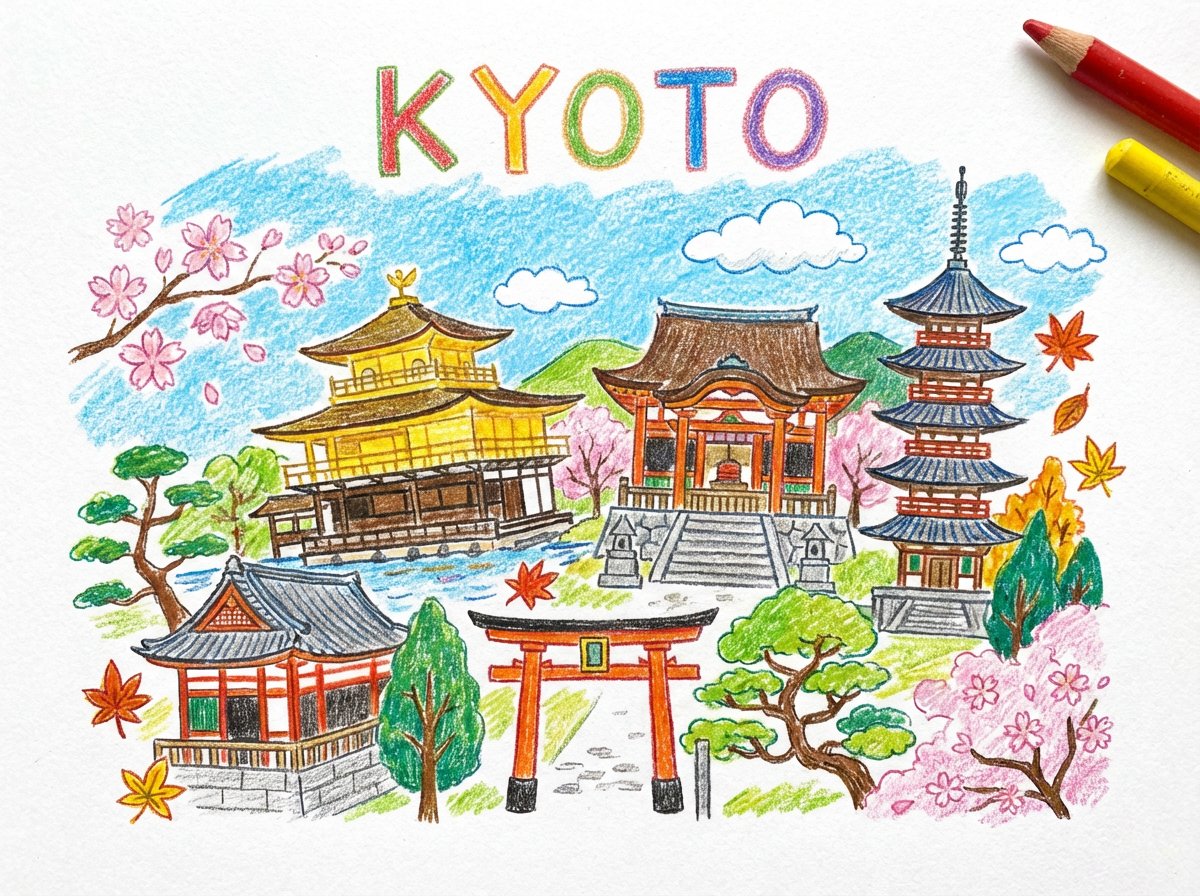 Child-like Crayon and Colored Pencil City Drawing