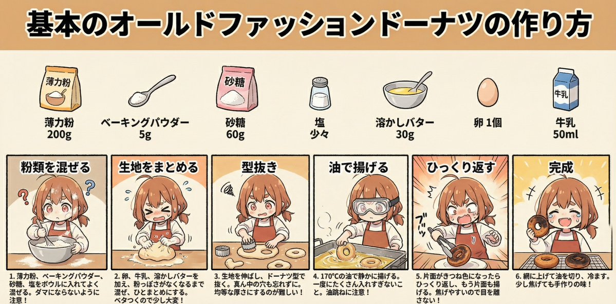 Infographic Generation for Old-Fashioned Donuts with Character Skill Variation