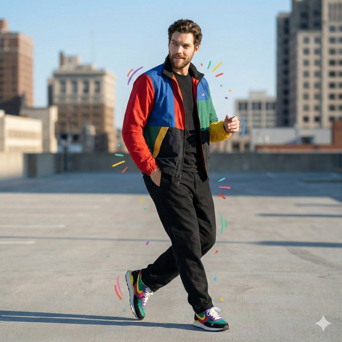 Color-Blocked Fashion Portrait with Graphic Accents