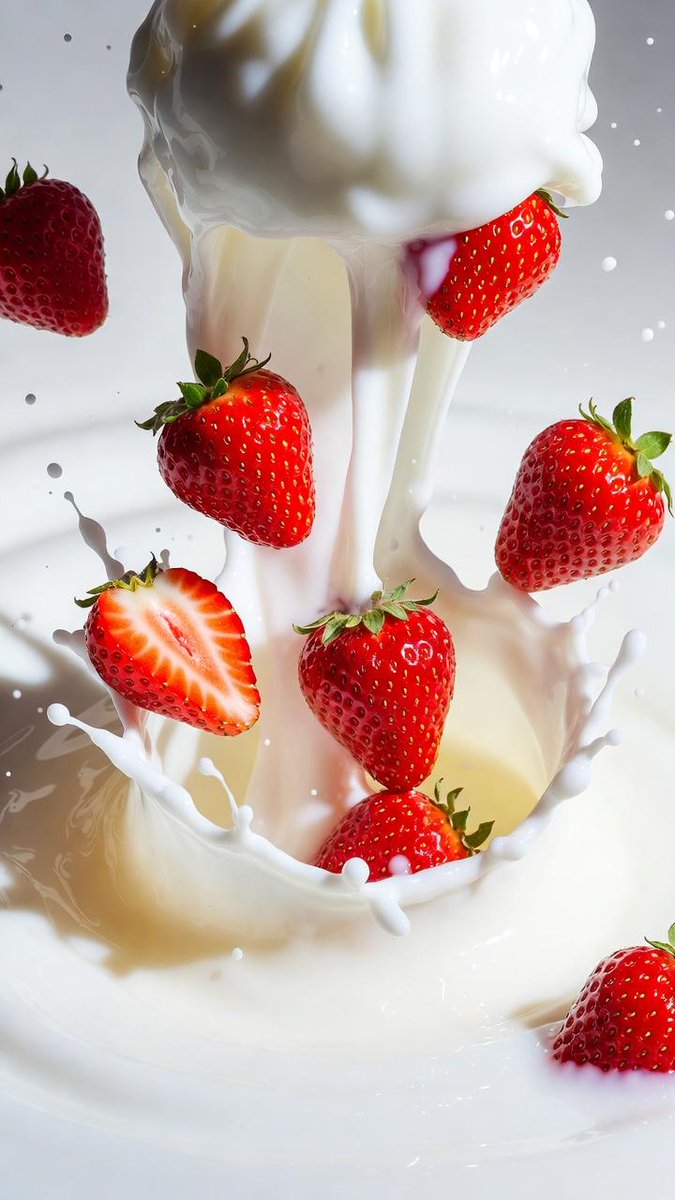 Macro Shot of Strawberries Falling into Milk