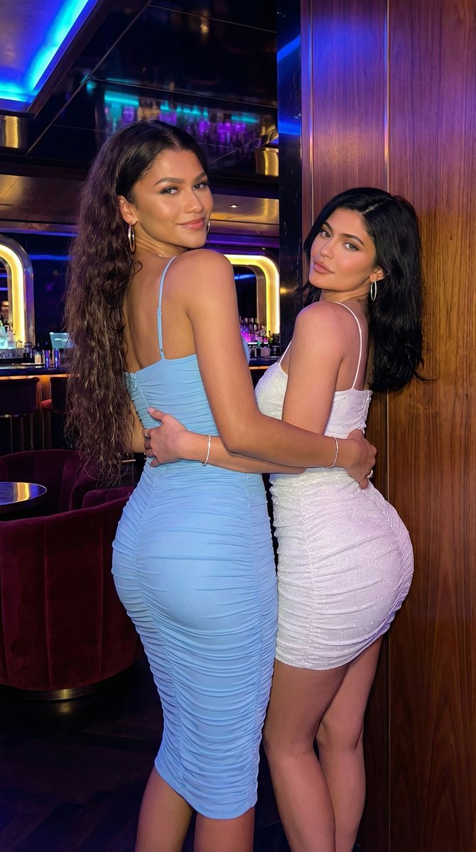 8K Fashion Photography of Two Women in Latex Dresses under Neon Light 2