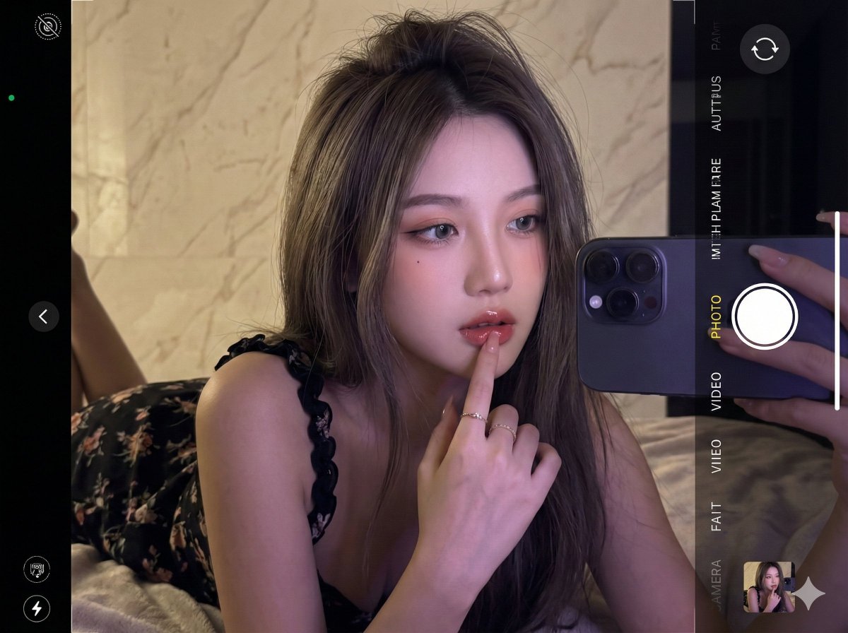 Ultra-realistic 16K selfie edit of a daydreaming girl on a blanket