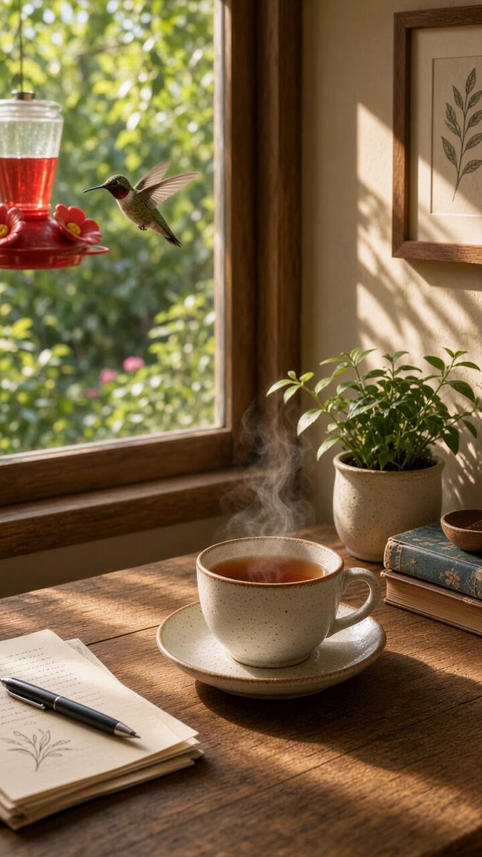 Grok Imagine Prompt: Morning Tea and Hummingbird Scene