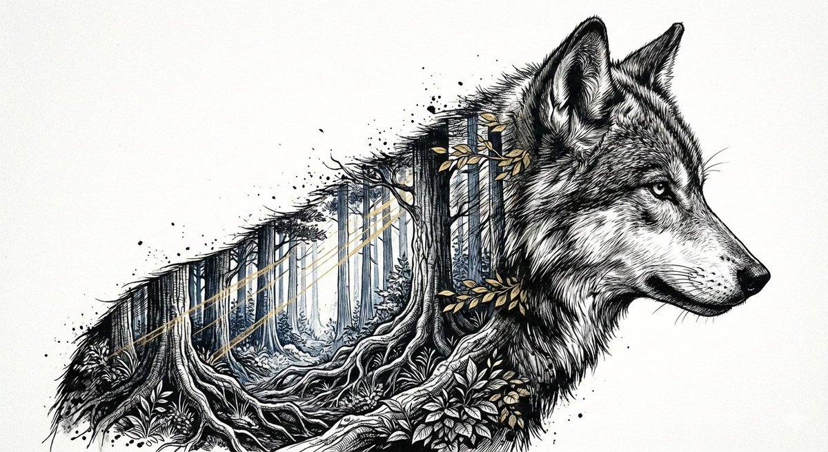 Cinematic Ink-Style Double-Exposure Wolf Portrait